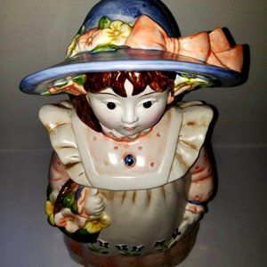 Vintage Takahashi Glass Eyed Girl Cookie Jar Country Doll Flower Basket …